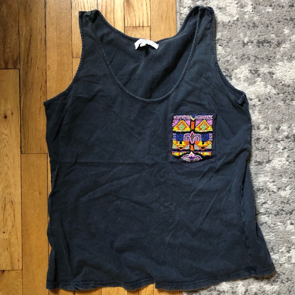 Blue tank with beaded pocket